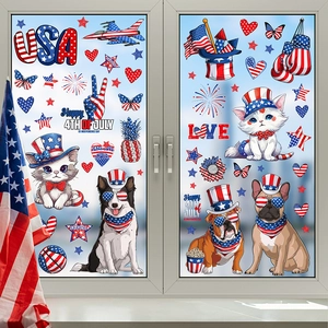 Stickers de fenêtre du Jour de l'Indépendance avec chats, chiens et drapeaux américains