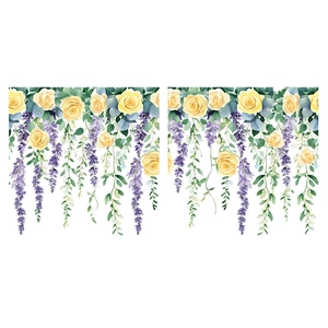 Symmetric floral glass window stickers featuring yellow roses and purple flowers
