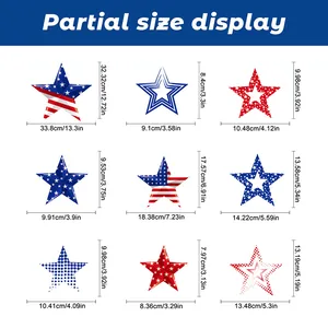 Size guide for July 4th star window stickers with precise metric and imperial dimensions