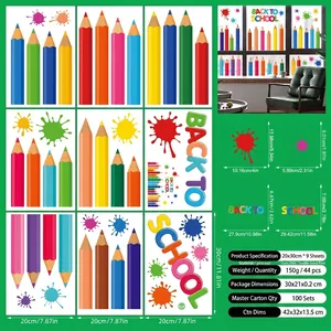Detail view of 9-sheet colorful Back to School window clings with size specifications