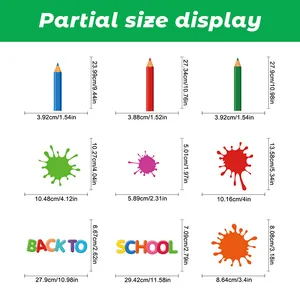 Size guide for Back to School static window clings with detailed part measurements
