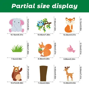 Detailed size chart for cartoon animal wall stickers including elephant, owl, and bear figures
