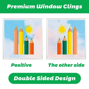 Detail of double sided premium window clings with colorful pencil and sun design