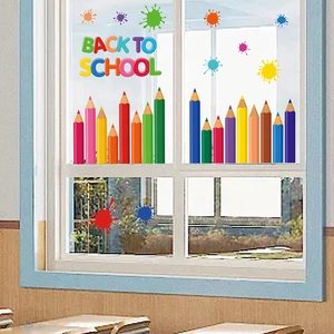 Colorful Back to School static window clings with rainbow text and pencil illustrations