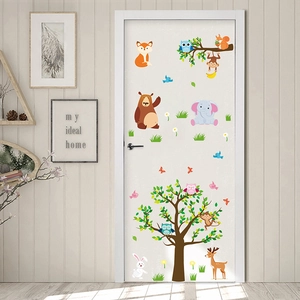 Cartoon animal wall stickers featuring fox and owl for kids room and door decor