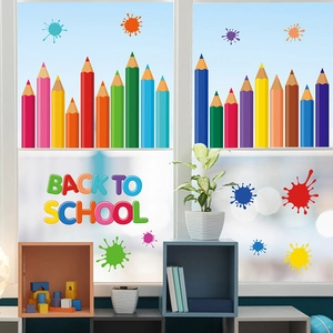 Colorful Back to School window static stickers with pencils and splatter art