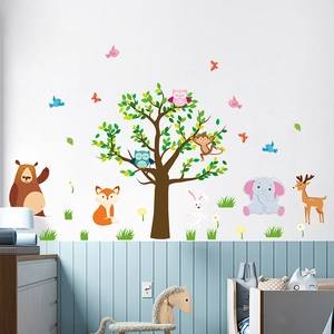 Cartoon forest animal wall stickers with large tree and bears for kids bedroom decor