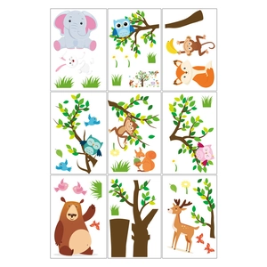 Cartoon forest animal wall stickers set for children nursery featuring fox and elephant