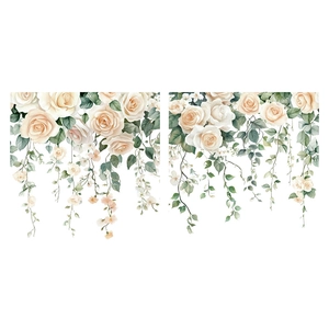 White rose wall stickers with elegant champagne flowers and hanging green vines for windows