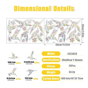 Dimensional specs for hummingbird window stickers showing sizes for 24 holographic decals
