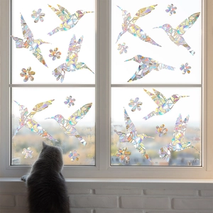 Rainbow prism hummingbird window clings with laser effect on glass for bird safety