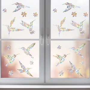 Rainbow prism hummingbird window stickers set for bird collision prevention and home decor