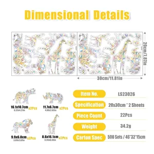 Holographic geometric animal window stickers set featuring elephant and giraffe silhouettes
