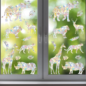 Rainbow holographic window stickers featuring animal silhouettes like lions and elephants