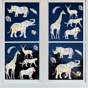 Rainbow geometric animal window decals showing colorful lion and elephant glass stickers