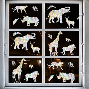 Rainbow prism animal window stickers with giraffe and elephant shapes for bird safety