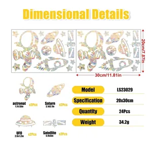 Size chart showing space theme window decals with dimensions of astronauts and planets