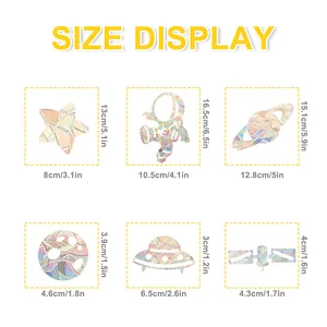 Size display of 6 colorful holographic space stickers with measurements for each piece