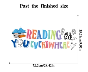 Macro detail of 'Reading Will Take You Everywhere' wall sticker with size dimensions