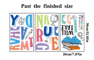 Detail of inspirational reading wall stickers featuring stationery icons and colorful art