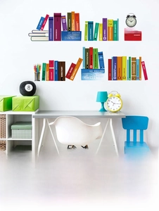Detail of 3D-effect faux bookshelf wall decals showing academic book spine designs