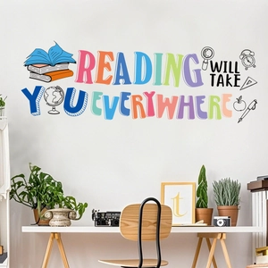 Detail of colorful wall sticker featuring 'Reading Will Take You Everywhere' quote with icons