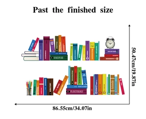 Detailed view of colorful bookshelf wall stickers showing dimensions 86.55cm by 50.47cm