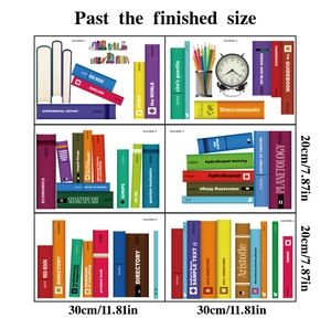 Detailed grid showing six unique colorful book and stationery wall sticker sheets