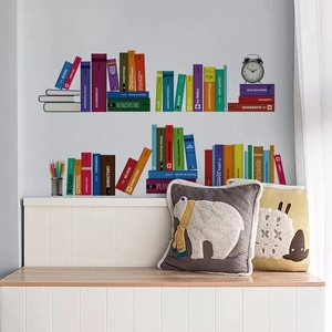 Colorful bookshelf wall stickers with books and alarm clock for study room decoration