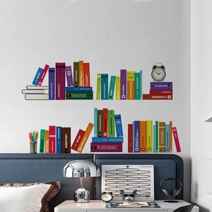 Modern bookshelf wall decal with colorful books and clock for bedroom study background decor