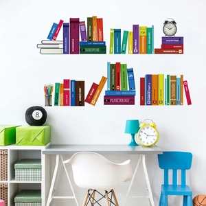 Creative 3D bookshelf wall sticker with colorful faux book spines for home and office decor