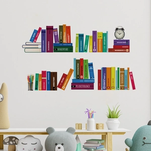 Colorful creative bookshelf wall stickers with vintage clock and books for study room decor
