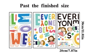 Detailed sheet layout of colorful motivational wall stickers with letters and cartoon icons