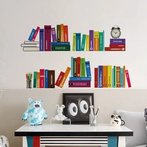 Detail of colorful hand-drawn bookshelf wall stickers with books and clock for study decor