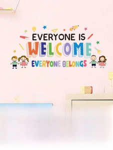 Detail view of Everyone is Welcome wall stickers with cartoon motifs and size specs