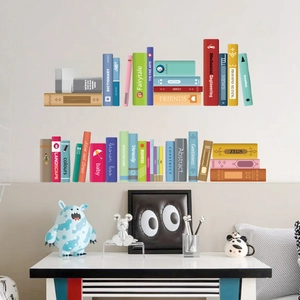 Detailed view of colorful bookshelf wall stickers featuring Toy and Fairytale themes