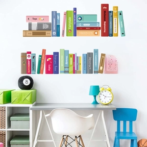 Colorful bookshelf wall decals featuring realistic 3D book spine patterns for study decor