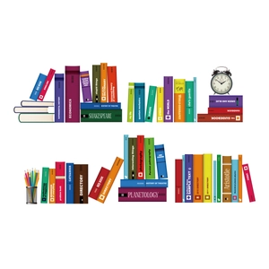 Colorful educational wall stickers featuring books, alarm clock and stationery set for decor
