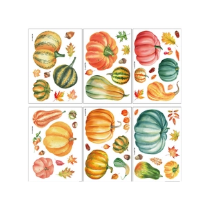 Fall pumpkin window clings set with double-sided watercolor autumn leaves stickers