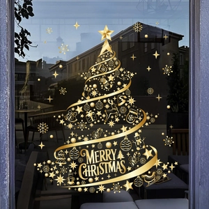 Detailed golden Christmas tree window decal with stars and snowflakes on glass