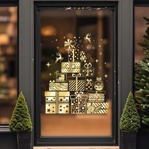 Golden Christmas tree static window stickers with reindeer and gift box patterns for glass