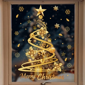 Golden Christmas tree window sticker with stars and Merry Christmas lettering for holiday decor