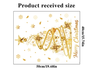 Detail showing 50x40cm sheet size of golden Merry Christmas tree and star window decals