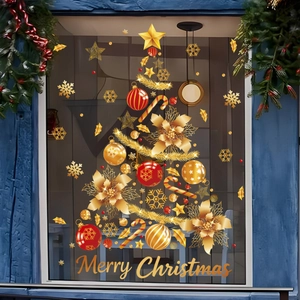 Detail of golden Christmas tree static window sticker with Merry Christmas text on glass