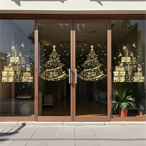 Golden Christmas tree and gift box window stickers for festive glass door decoration