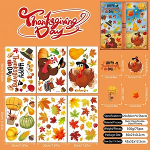 Set of 73 Thanksgiving static window clings featuring turkey, maple leaves, and pumpkins
