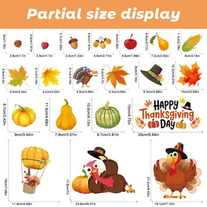 Detailed size chart for Thanksgiving static window clings with turkey and maple leaf motifs