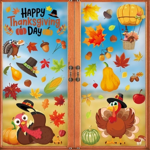 Thanksgiving static window clings featuring turkeys, pumpkins, maple leaves, and balloons