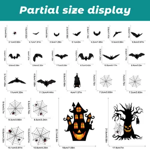 Size chart showing dimensions for Halloween bat, spider, and pumpkin castle wall decals