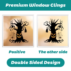 Double-sided Halloween window clings featuring black haunted tree and hanging bats decor
